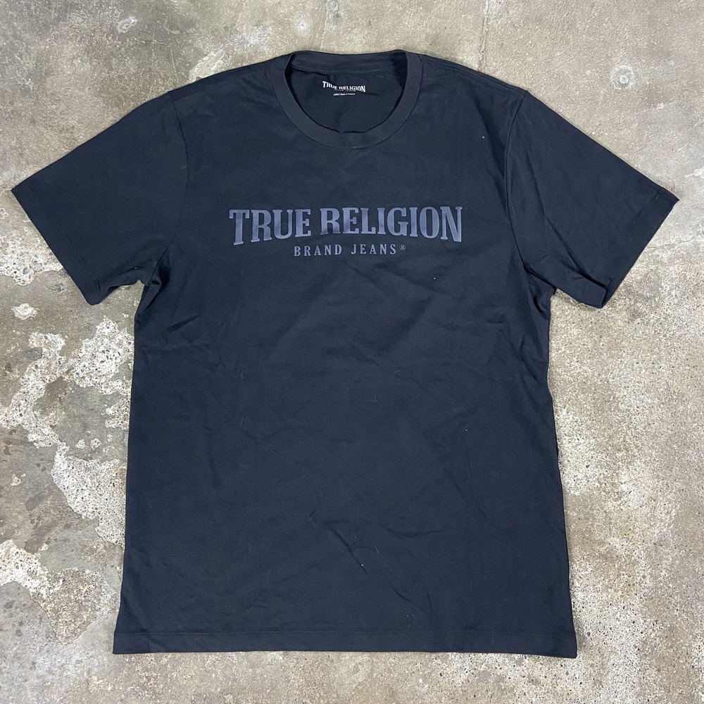 True Religion T-Shirt Size Large Black Graphic Logo Crewneck Short Sleeve
